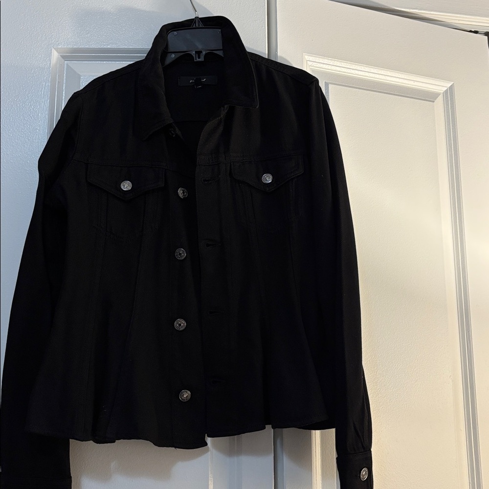 7 For All Mankind. NEW. Black Button-Up denim jacket. Flare at bottom.
